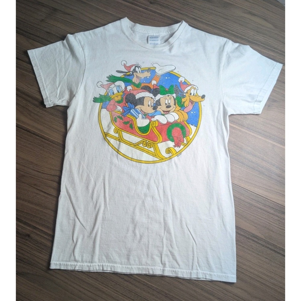 Disney Mickey Minnie Christmas T-Shirt Adult Small Holiday Sleigh Vintage Style
